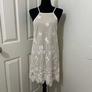 Francesca's White Lace Spaghetti Strap Dress With Nude Underlay Size Size Small